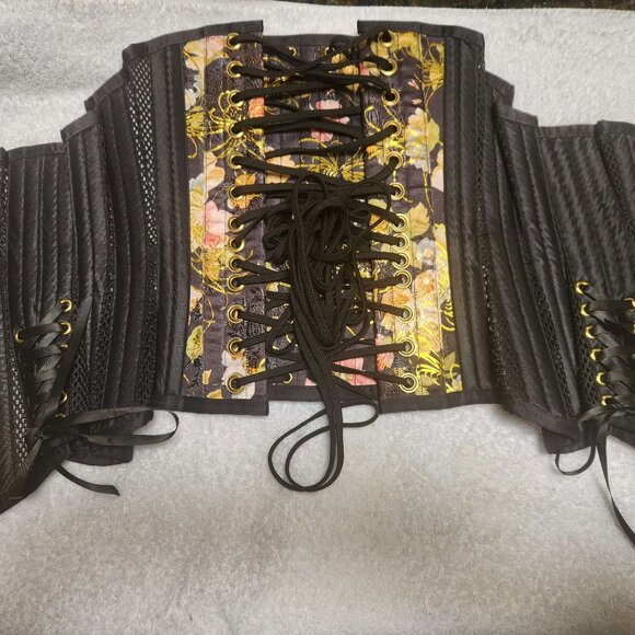 Mystic City Corset MCC36X Yellow/Black Brocade/Mesh Underbust Waspie - 20" - Picture 4 of 10